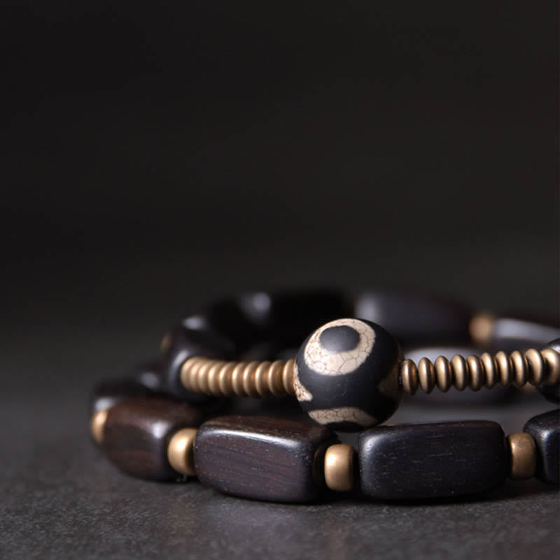 Pulsera de doble envoltura con cuentas Dzi de madera de ébano del Tíbet con Buddha Stones
