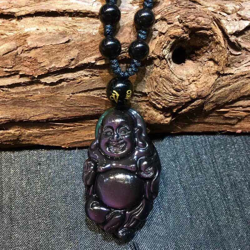 Colgante de collar de paz interior de Buda sonriente de obsidiana arcoíris natural - image 5