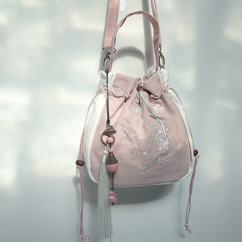 Bolso de hombro de lona con flores bordadas hechas a mano con Buddha Stones