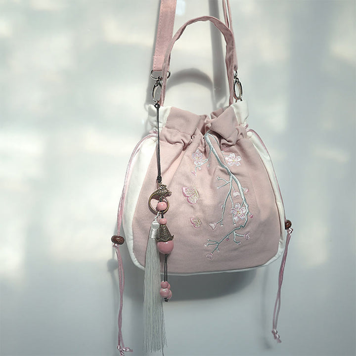 Bolso de hombro de lona con flores bordadas hechas a mano con Buddha Stones