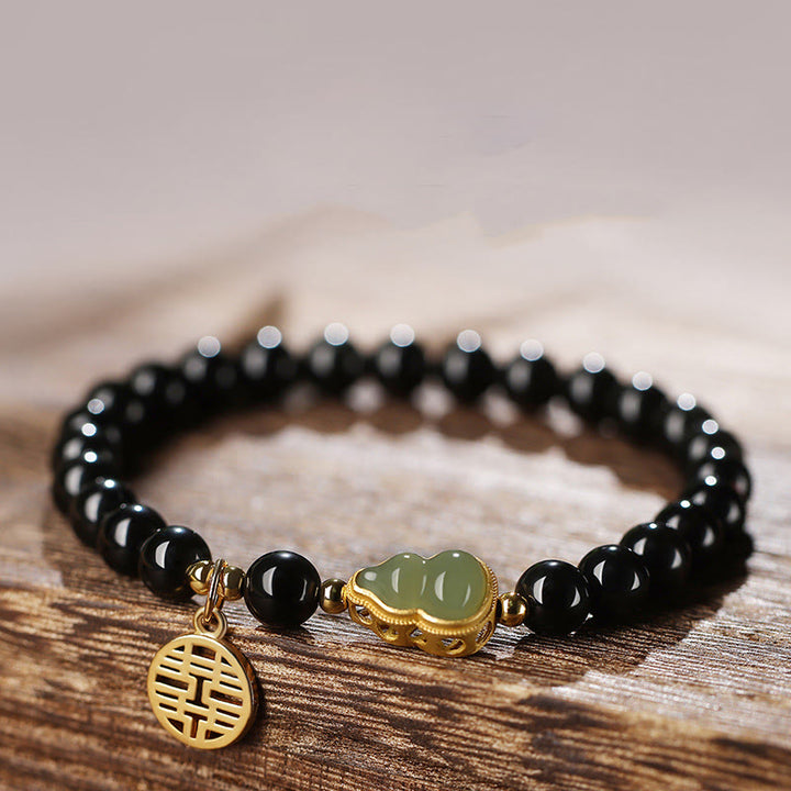Pulsera de fuerza de doble felicidad con calabaza de jade hetiano de obsidiana negra natural