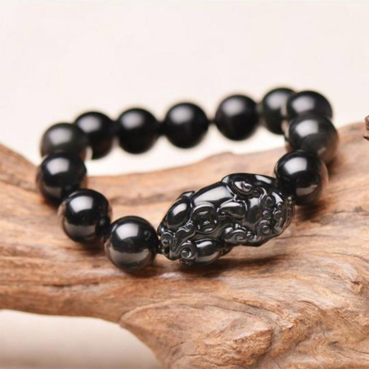 Pulsera de riqueza de obsidiana FengShui PiXiu con Buddha Stones