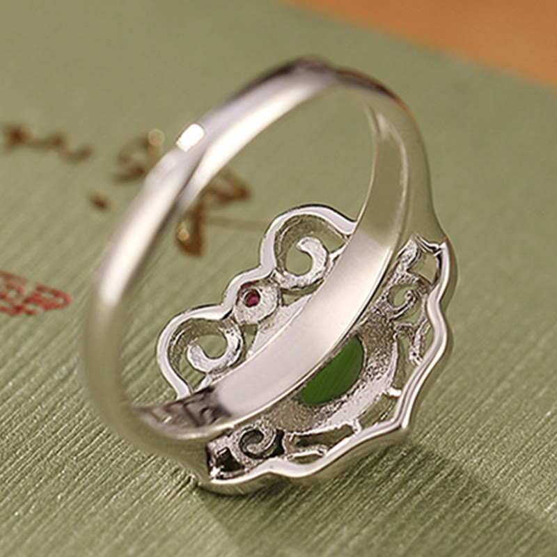Juego de pendientes de anillo de la suerte con diseño hueco de jade cian hetiano natural de plata de ley 925 con Buddha Stones