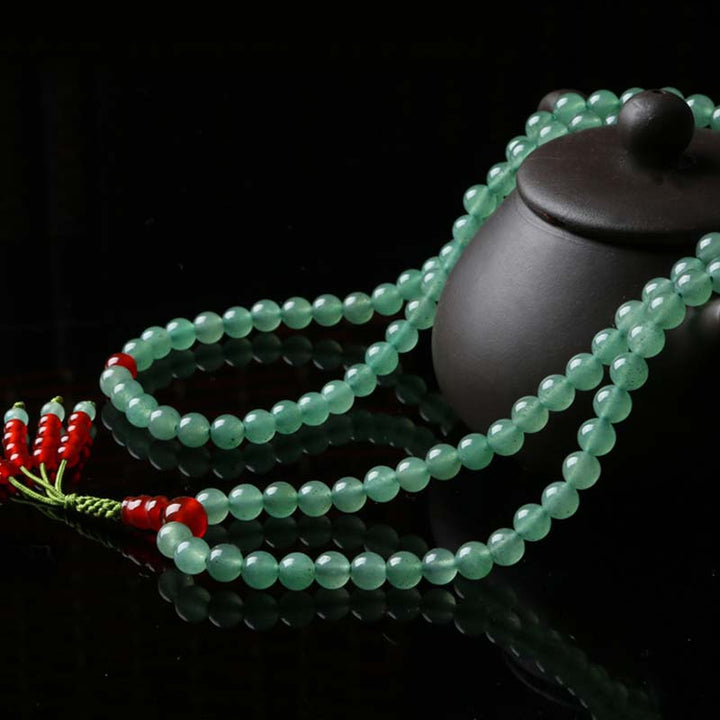 Pulsera Mala de la suerte con 108 cuentas, aventurina verde, ágata roja