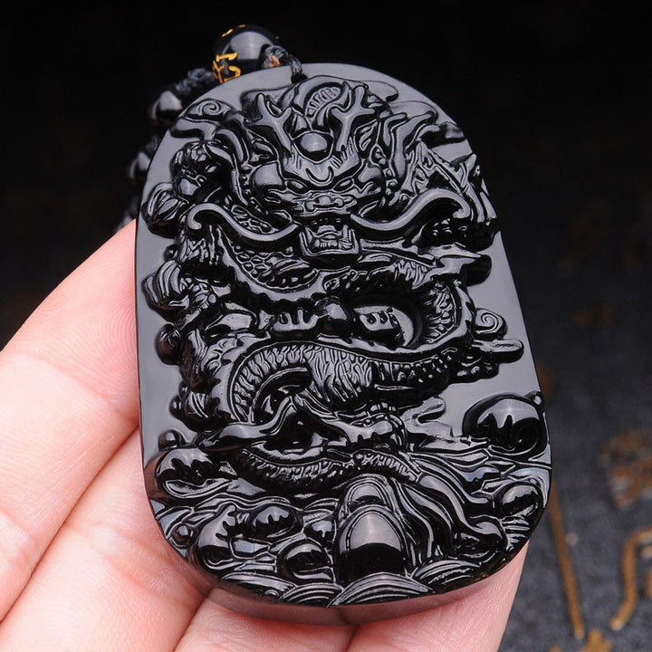 Collar con colgante de cumplimiento de dragón de piedra de obsidiana negra de Buddha Stones - image 3