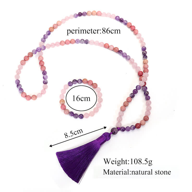 Pulsera de borlas curativas espirituales con Buddha Stones, 108 cuentas Mala, amatista, cuarzo rosa