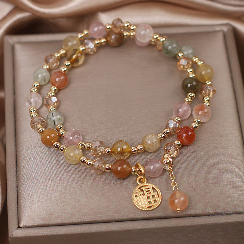 Pulsera auspiciosa con carácter Fu de cuarzo rutilado multicolor con Buddha Stones