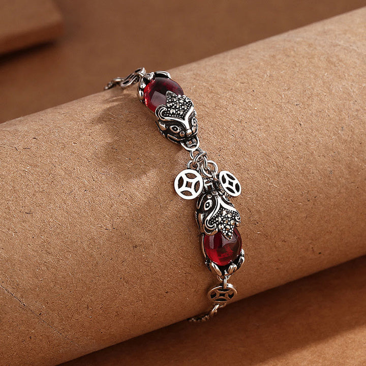 Pulsera de cadena de protección de moneda de cobre PiXiu doble granate con Buddha Stones