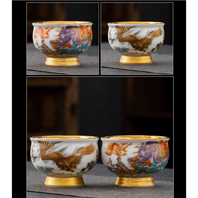 Taza de té de cerámica dorada con Buddha Stones, águila dorada, dragón auspicioso, sol, olas del océano, taza de té de Kung Fu