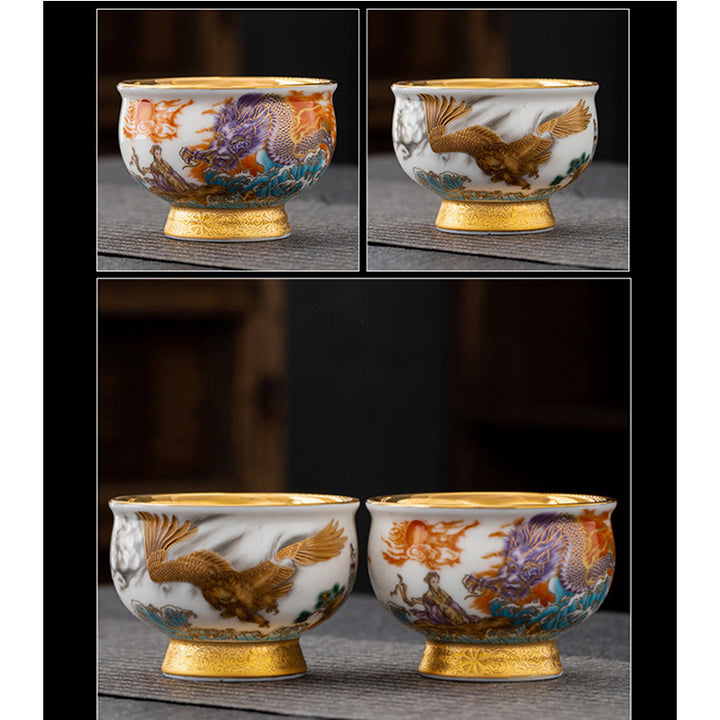 Taza de té de cerámica dorada con Buddha Stones, águila dorada, dragón auspicioso, sol, olas del océano, taza de té de Kung Fu