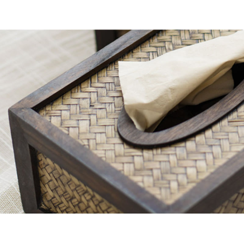 Caja de pañuelos de madera tejida de bambú hecha a mano, soporte de madera para pañuelos, cajas de toallitas, decoración