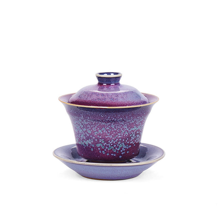 Taza de té y platillo con tapa, cerámica Gaiwan Sancai, cambio de horno de esmalte Retro, Buddha Stones , Kung Fu