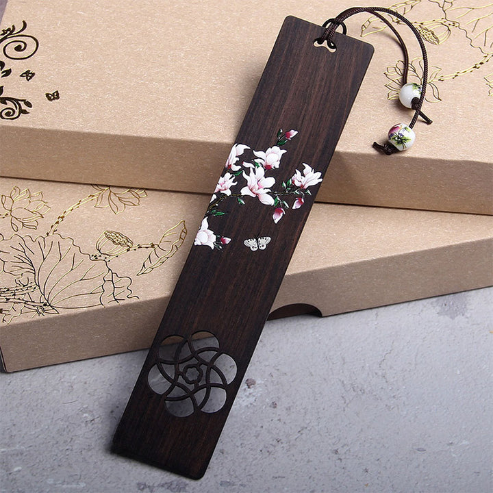 Marcadores de madera de ébano con flores de mariposa y Buddha Stones con caja de regalo