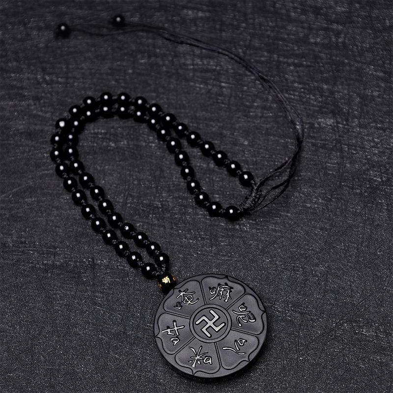 Buddha Stones, obsidiana negra Natural, Om Mani Padme Hum tibetano, colgante de collar de la suerte de la esvástica de Buda