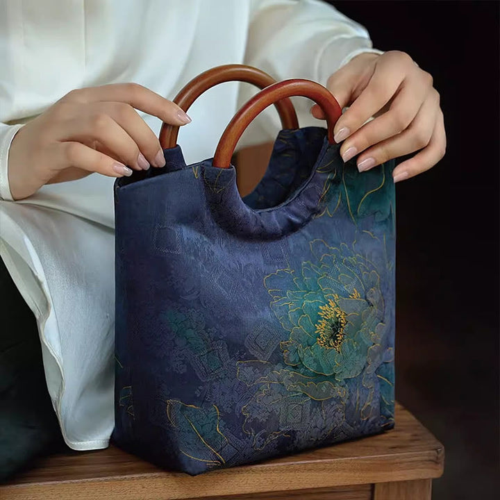 Bolso de mano con mango de madera maciza, Buddha Stones , flor de peonía, hojas de bambú, pájaro