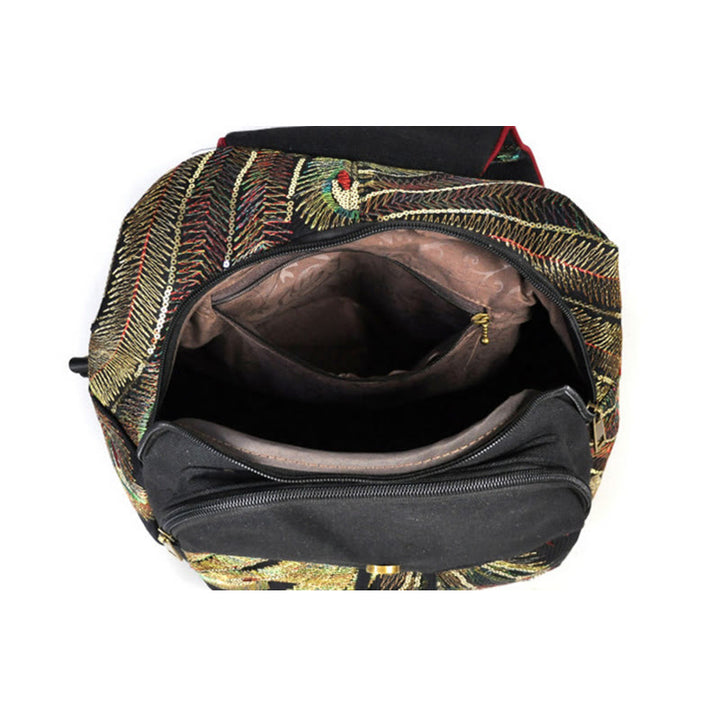 Mochila con borlas de lona con bordado de pavo real