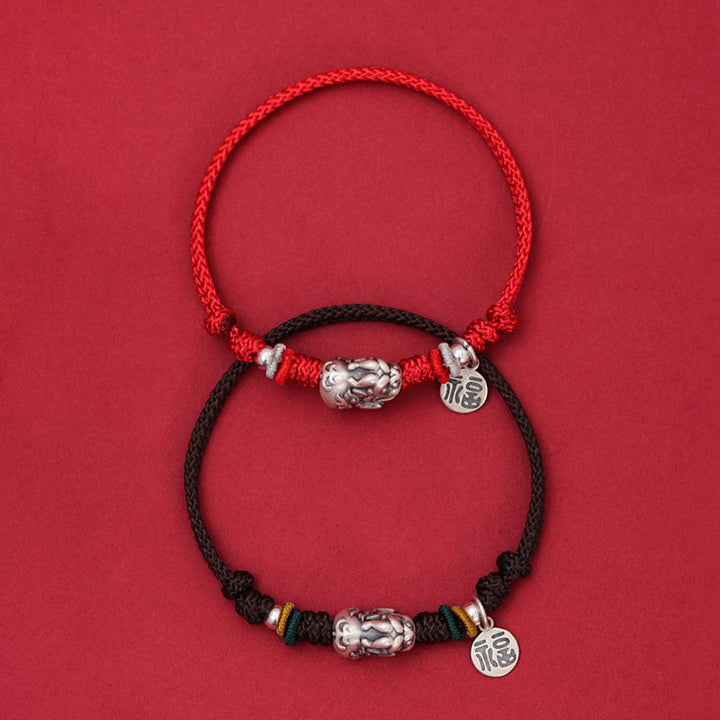 Pulsera trenzada hecha a mano de plata de ley 925 con Buddha Stones PiXiu Fu personaje riqueza suerte