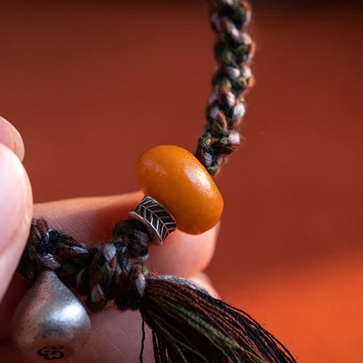 Pulsera de protección de deseos de peso de acero de ámbar hecho a mano tibetana de plata de ley 990