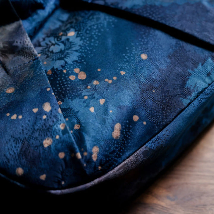 Bolso de mano con asa de madera azul con flor de jacquard hecho a mano con Buddha Stones