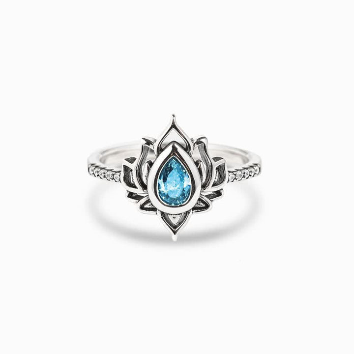 Anillo de protección de bendición de circonita de loto de plata de ley con Buddha Stones