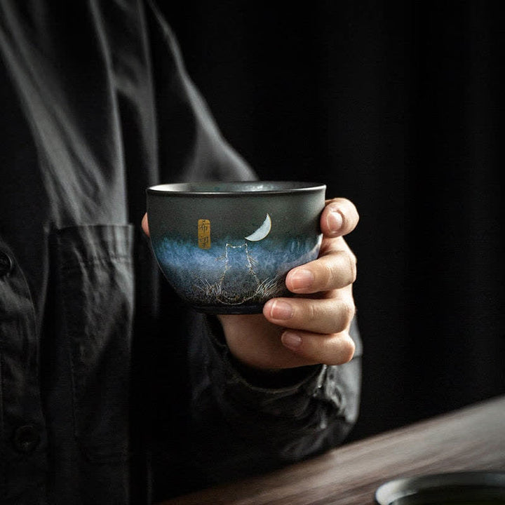 Taza de té de cerámica con Buddha Stones, tazas de té negras con gato encantador, 140ml