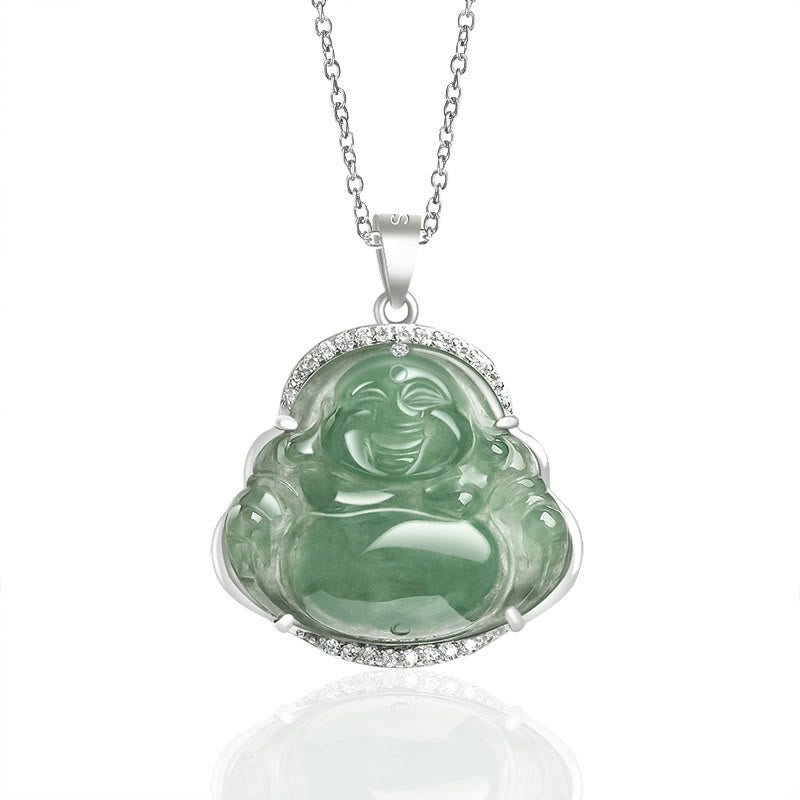 Buddha Stones de plata de ley 925, Buda sonriente, Jade Natural, collar de prosperidad y suerte, colgante de cadena - Buda sonriente (Felicidad ♥Riqueza) - image 1