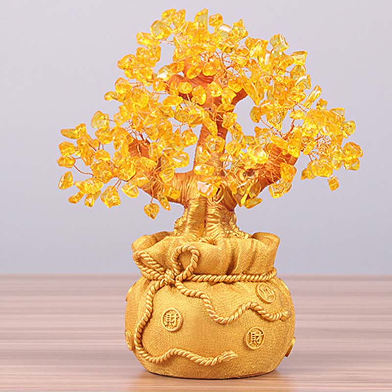 Buddha Stones Adorno de piedras preciosas de árbol de dinero de citrino natural - Feng Shui para la prosperidad