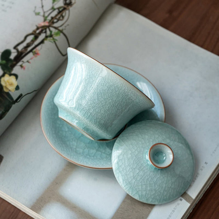 Taza de té y platillo de cerámica con esmalte de hielo, Retro verde, Buddha Stones , Gaiwan Sancai, Kung Fu