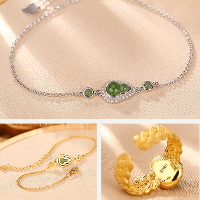 Juego de anillos de pulsera de la suerte con forma de calabaza de jade cian hetiano natural chapado en plata de ley 925 con Buddha Stones