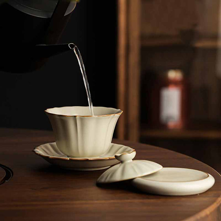 Buddha Stones, forma de flor de ciruelo Beige, rama de melocotón, taza de té de cerámica Gaiwan Sancai, taza de té de Kung Fu con tapa