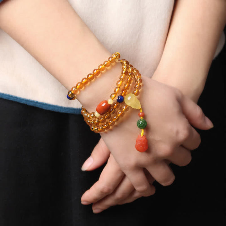 108 cuentas de Mala, citrino Natural, ámbar, hebilla de la paz, ágata roja, pulsera de protección PiXiu