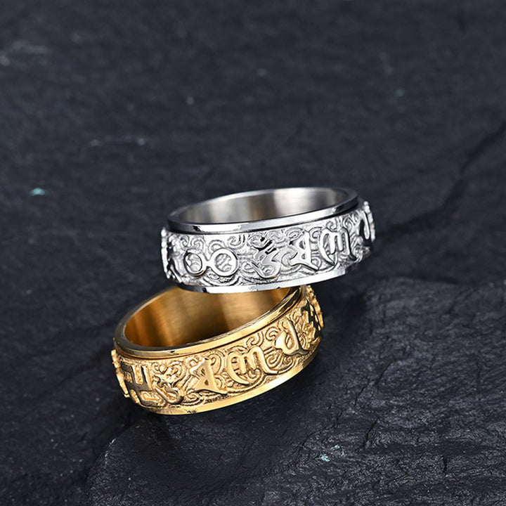 Anillo de acero de titanio con Buddha Stones, seis palabras verdaderas, equilibrio tranquilo