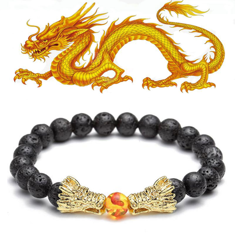 Pulsera con cuentas de bendición de dragón de roca de lava, turquesa blanca, Buddha Stones