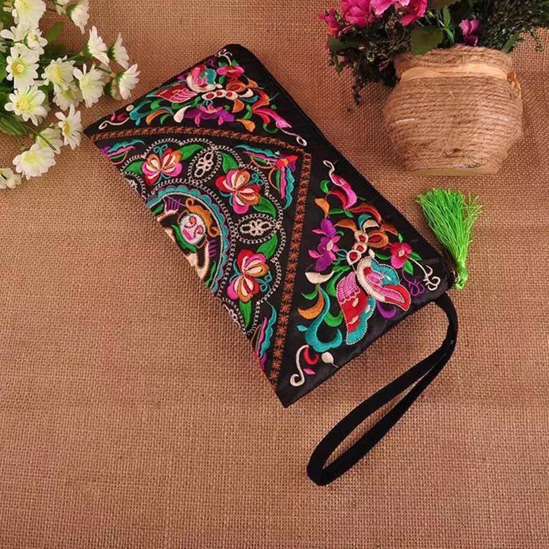 Cartera de compras con bordado de flores de Buddha Stones, dragón, mariposa, cosmos
