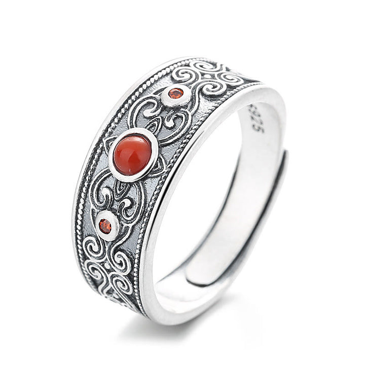 Anillo de pensamiento lógico con nubes propicias de ágata roja incrustada en plata de ley 925 con Buddha Stones