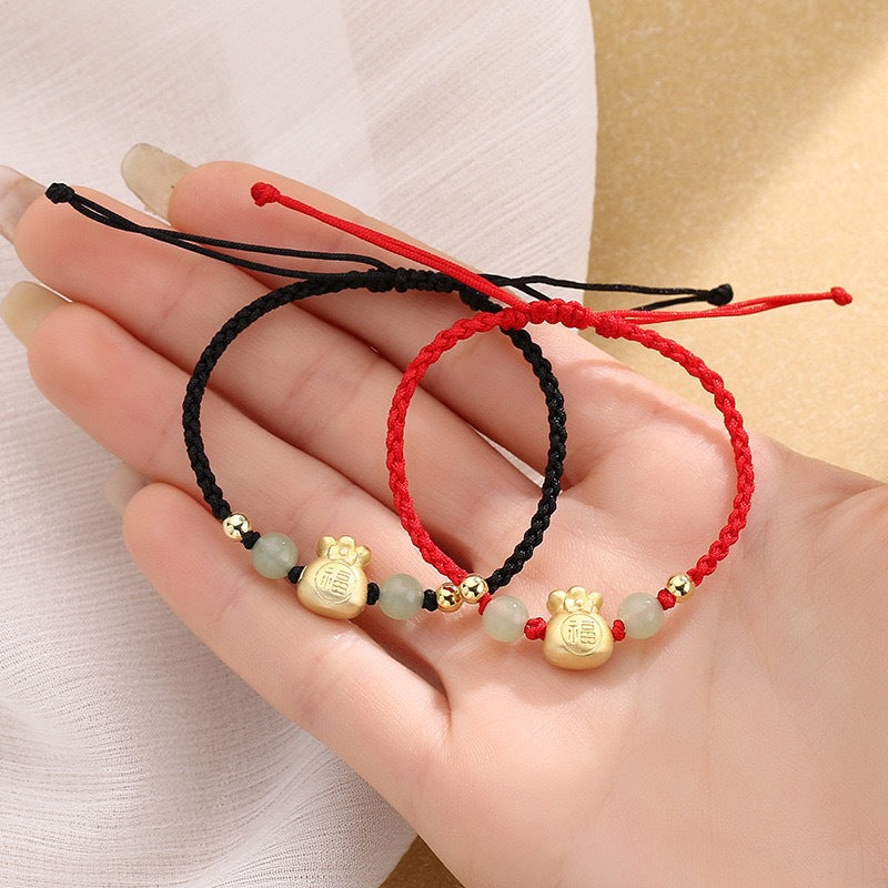 Pulsera trenzada de la suerte con cuentas de jade y bolsa de dinero de la suerte con Buddha Stones