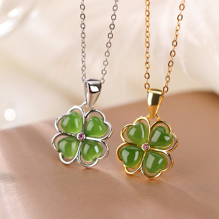 Buddha Stones de plata de ley 925, colgante de collar curativo con trébol de cuatro hojas de la suerte, Jade cian hetiano