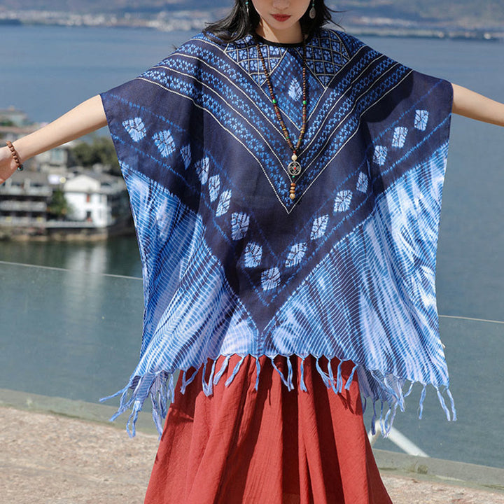 Jersey suave con chal Batik de rayas triangulares azules con Buddha Stones 90*95cm