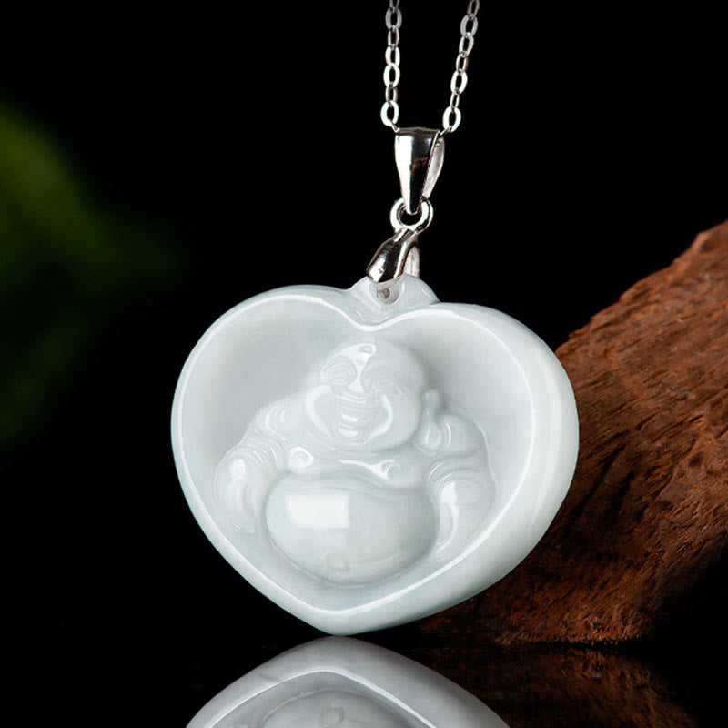 Colgante de plata de ley 925 con Buddha Stones , diseño de Buda sonriente, jade blanco, bendición de la suerte - image 2