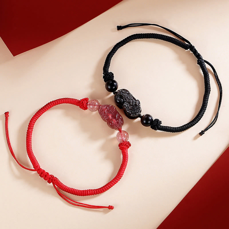 Pulsera trenzada de protección PiXiu de cuarzo fresa obsidiana con brillo de plata Natural hecha a mano con Buddha Stones