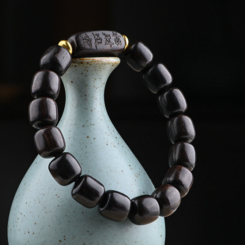 Pulsera de equilibrio de la suerte y el tesoro, cuentas de barril de madera de ébano tibetano, Buddha Stones