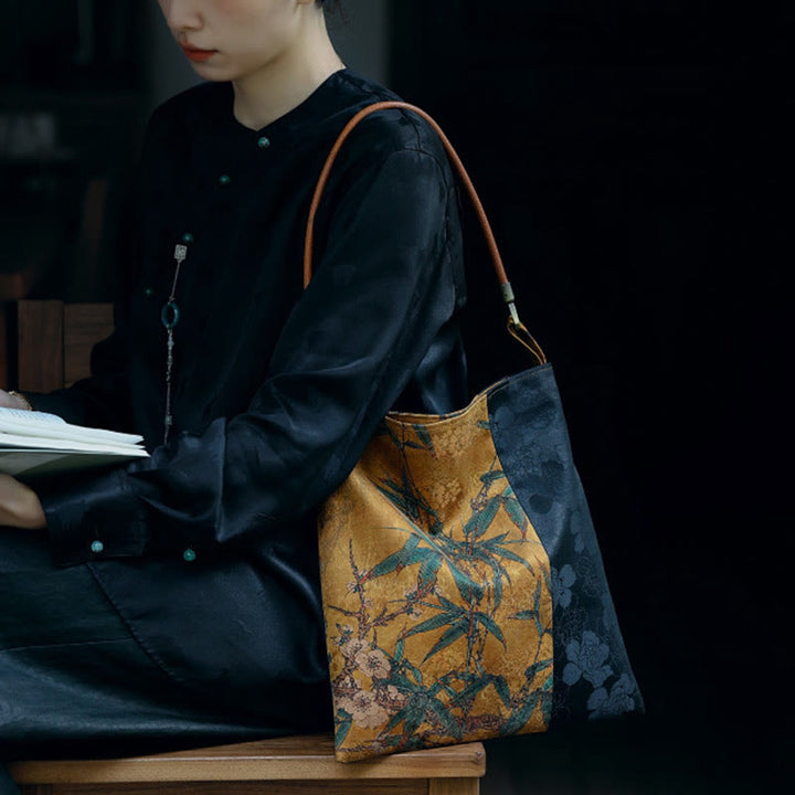 Bolso de hombro con Buddha Stones, hojas de bambú, flor, mariposa, caqui
