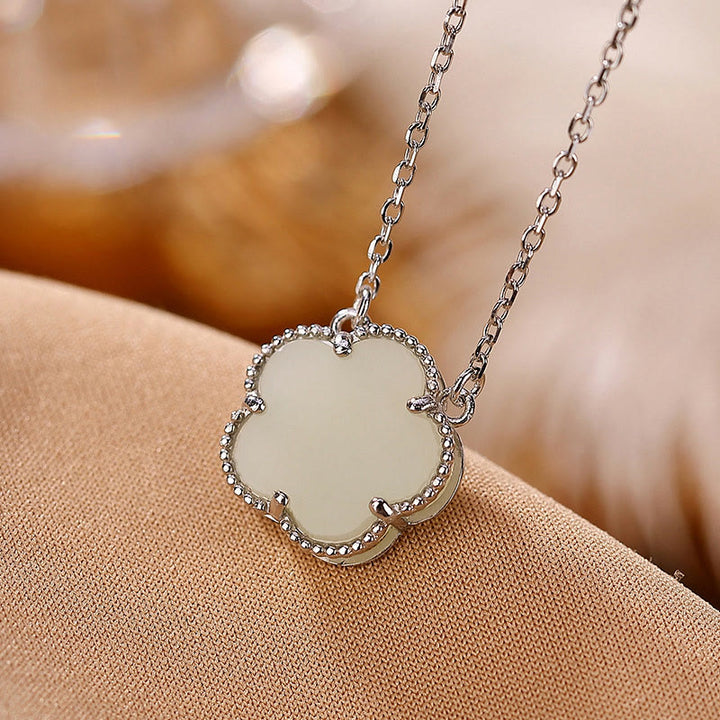 Juego de anillos y collar con colgante de flor de jade hetiano natural chapado en plata de ley 925 con Buddha Stones