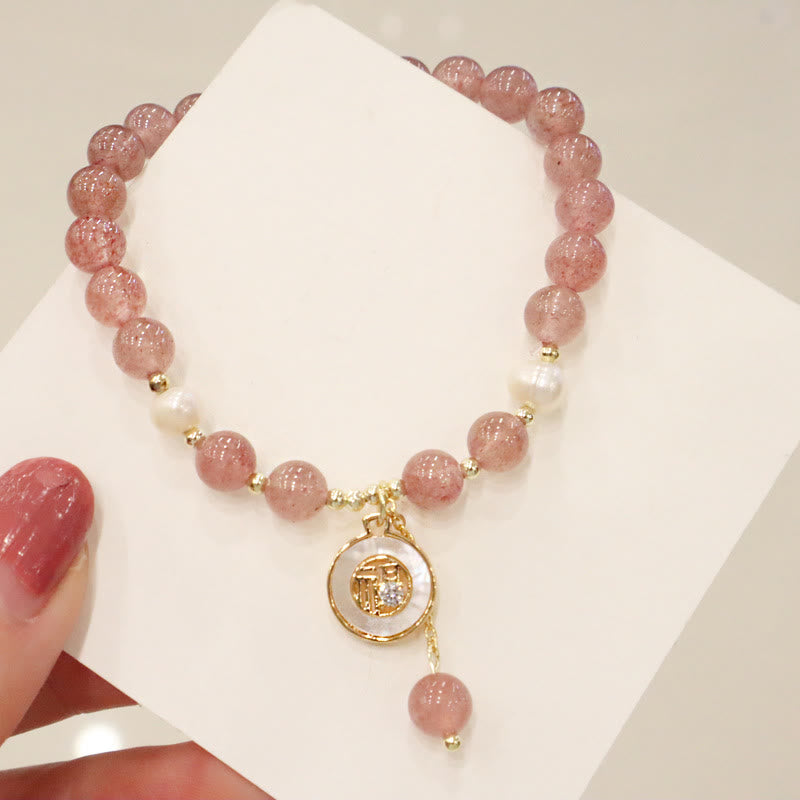 Pulsera curativa con dije de personaje Fu de cola de pez con cara sonriente de alce y perlas de cuarzo fresa con Buddha Stones