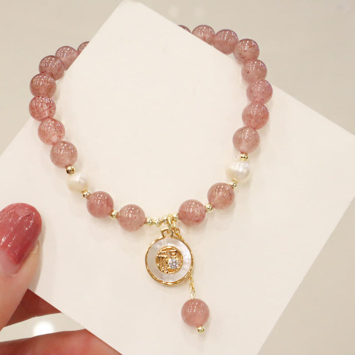 Pulsera curativa con dije de personaje Fu de cola de pez con cara sonriente de alce y perlas de cuarzo fresa con Buddha Stones