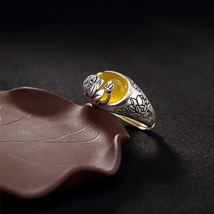 Anillo ajustable de protección con bendición de loto y citrino con Buddha Stones