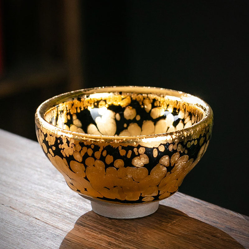 Taza de té de cerámica Jianzhan chino con diseño de manchas de oro de 24K, Buddha Stones , tazón de taza de té de Kung Fu con caja de regalo