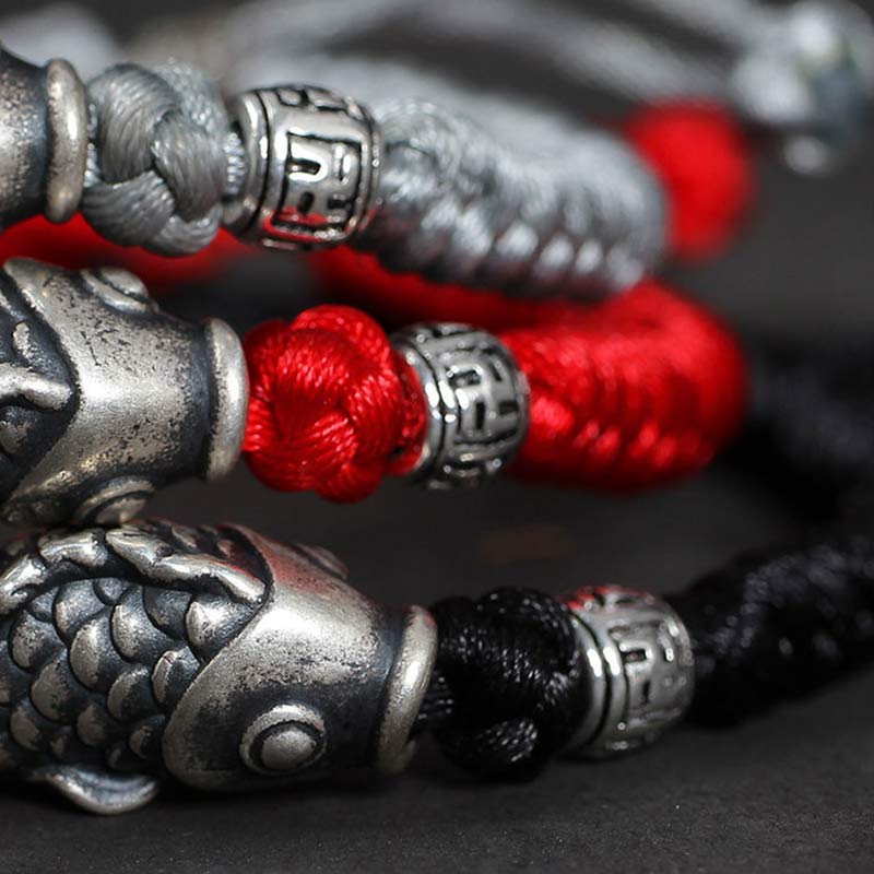 Pulsera de hilo trenzado con pez Koi de la suerte de plata con Buddha Stones