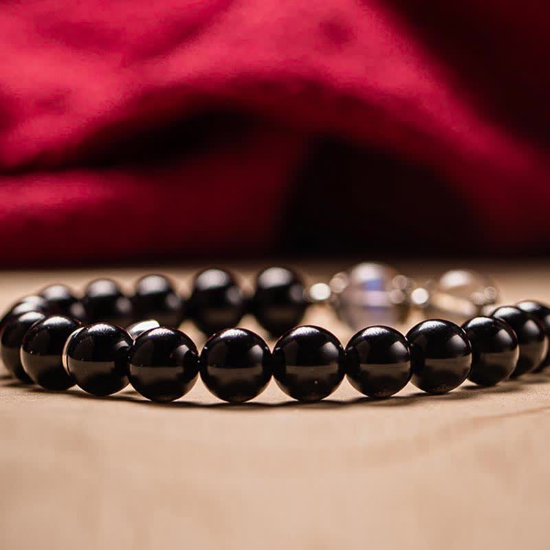 Pulsera de pareja de fuerza de piedra lunar de obsidiana de plata de ley 925