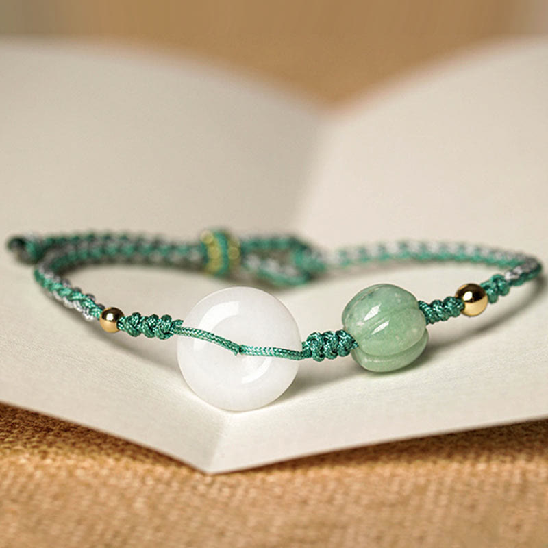 Pulsera trenzada de bendición de la suerte con cuentas de calabaza y hebilla de la paz de jade blanco con Buddha Stones